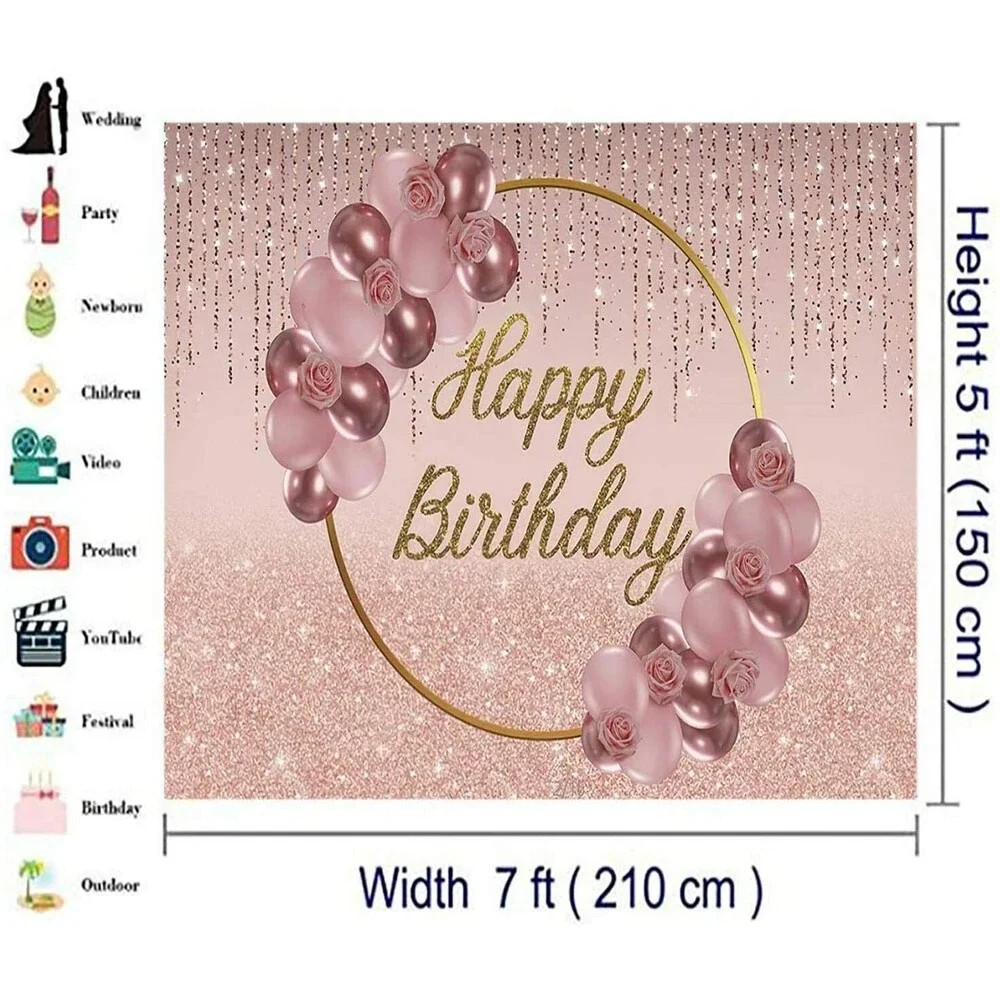 7x5ft Vinyl Pink Rose Gold Balloon Gold Ring Happy Birthday Photo Background